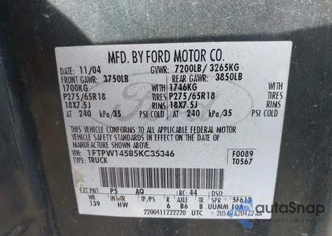 2005 Ford F-150 Fx4/Lariat/Xlt z USA, uszkodzony, nr VIN 1FTPW14585KC35346